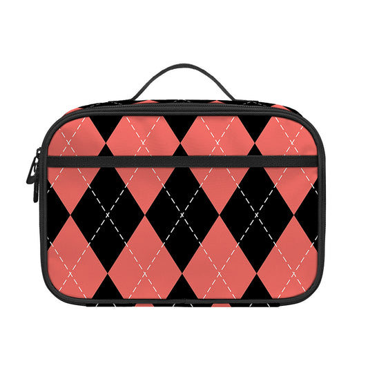 Black And Coral Argyle Pattern Print Portable Lunch Bag