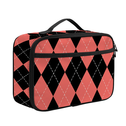 Black And Coral Argyle Pattern Print Portable Lunch Bag
