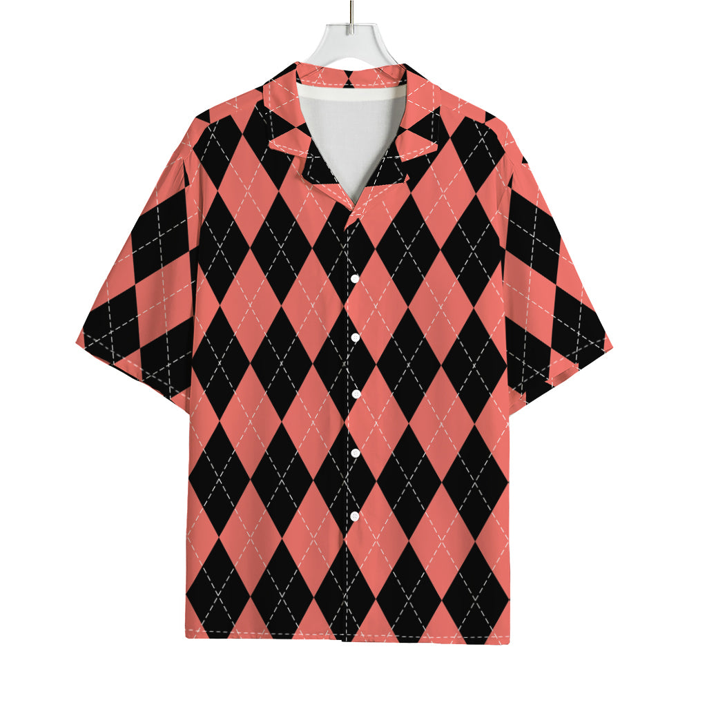 Black And Coral Argyle Pattern Print Rayon Hawaiian Shirt