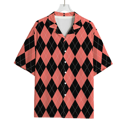 Black And Coral Argyle Pattern Print Rayon Hawaiian Shirt