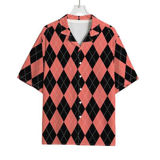 Black And Coral Argyle Pattern Print Rayon Hawaiian Shirt