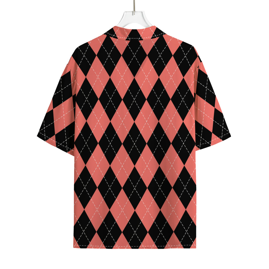Black And Coral Argyle Pattern Print Rayon Hawaiian Shirt