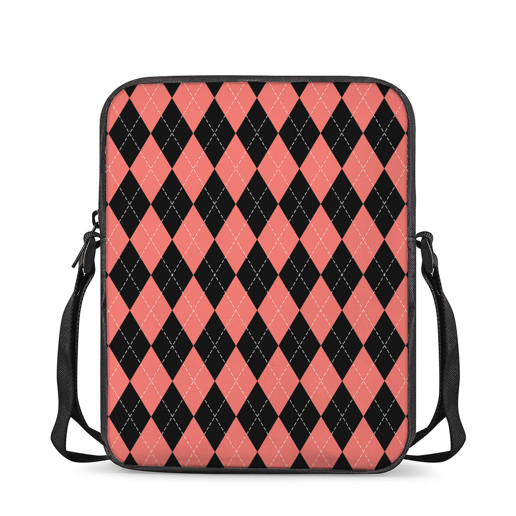 Black And Coral Argyle Pattern Print Rectangular Crossbody Bag