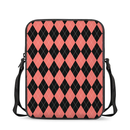 Black And Coral Argyle Pattern Print Rectangular Crossbody Bag