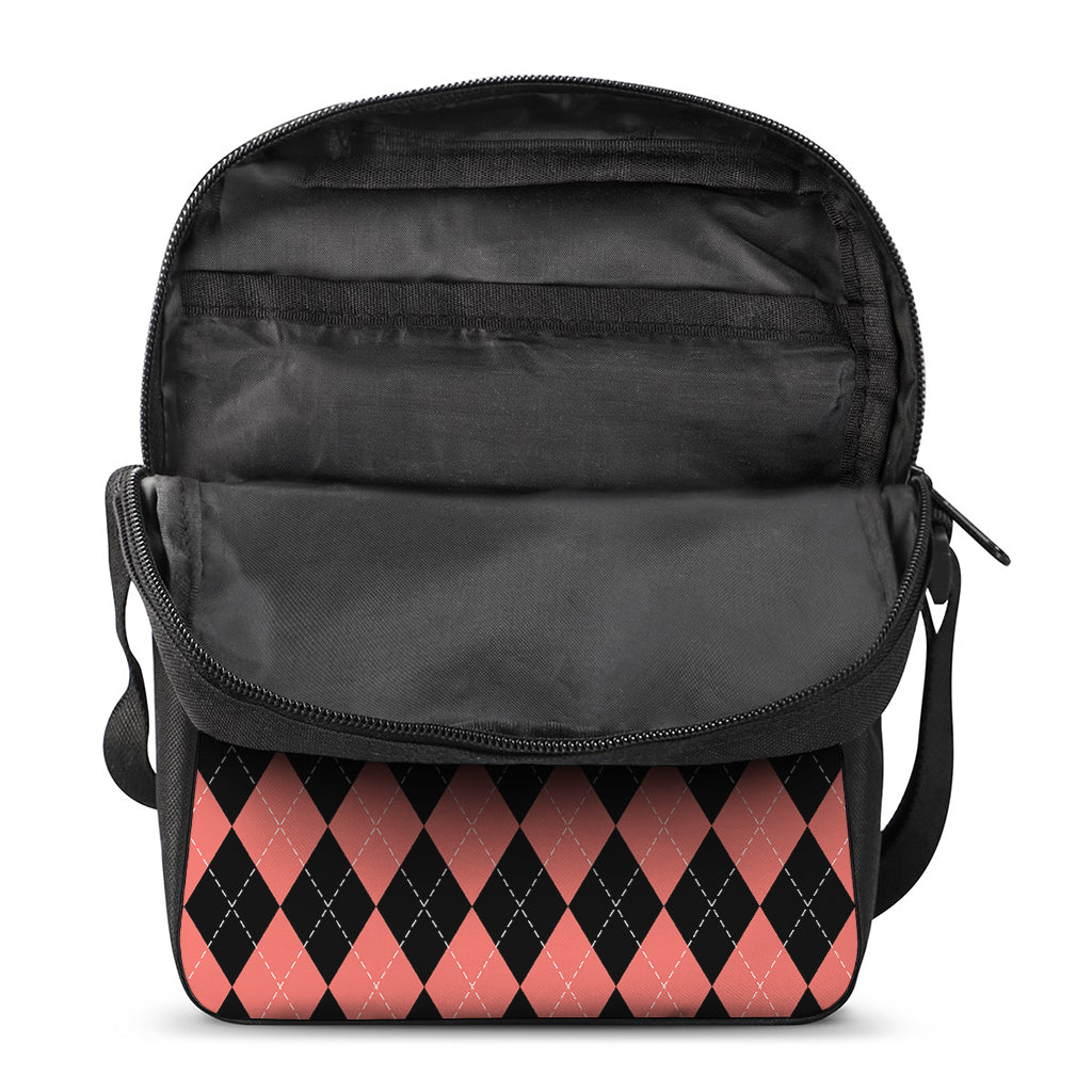 Black And Coral Argyle Pattern Print Rectangular Crossbody Bag