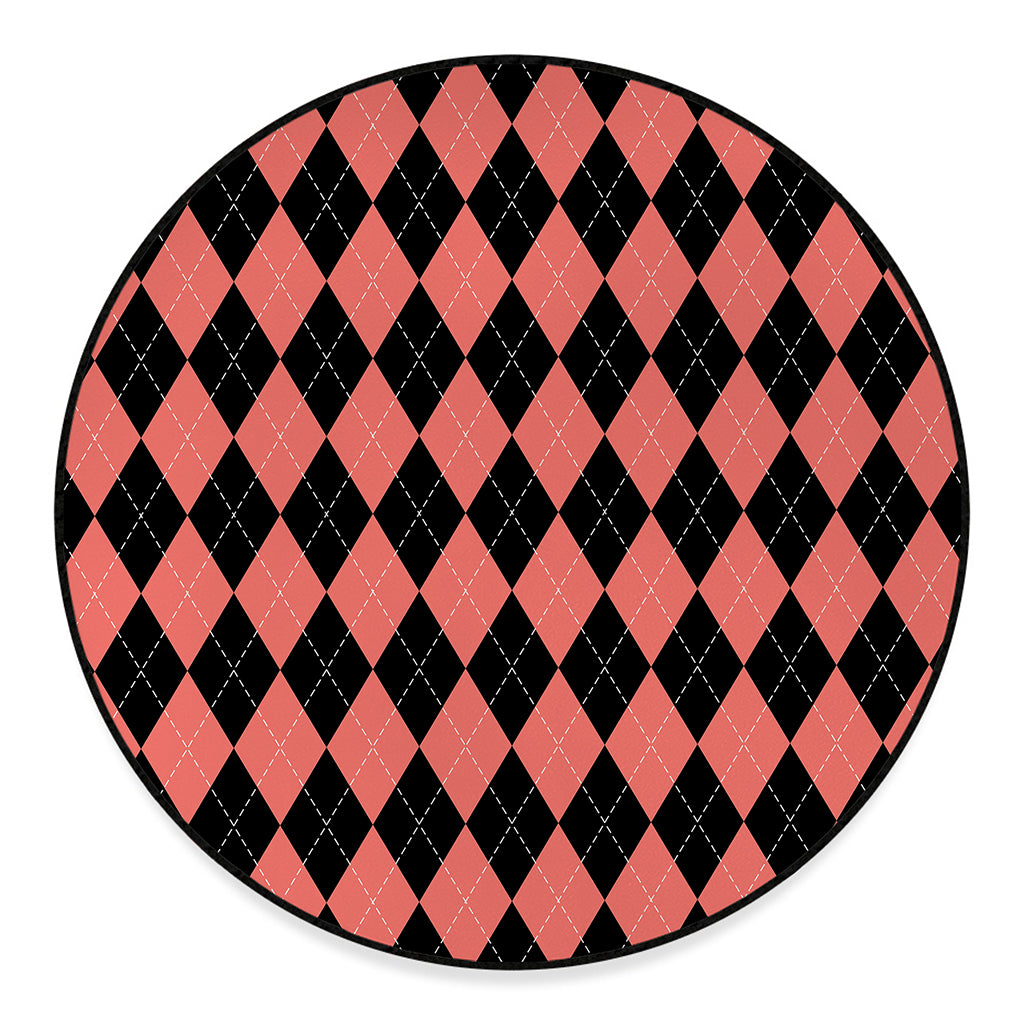 Black And Coral Argyle Pattern Print Round Floor Mat