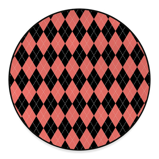 Black And Coral Argyle Pattern Print Round Floor Mat