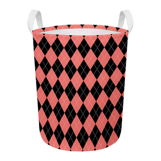 Black And Coral Argyle Pattern Print Round Laundry Basket
