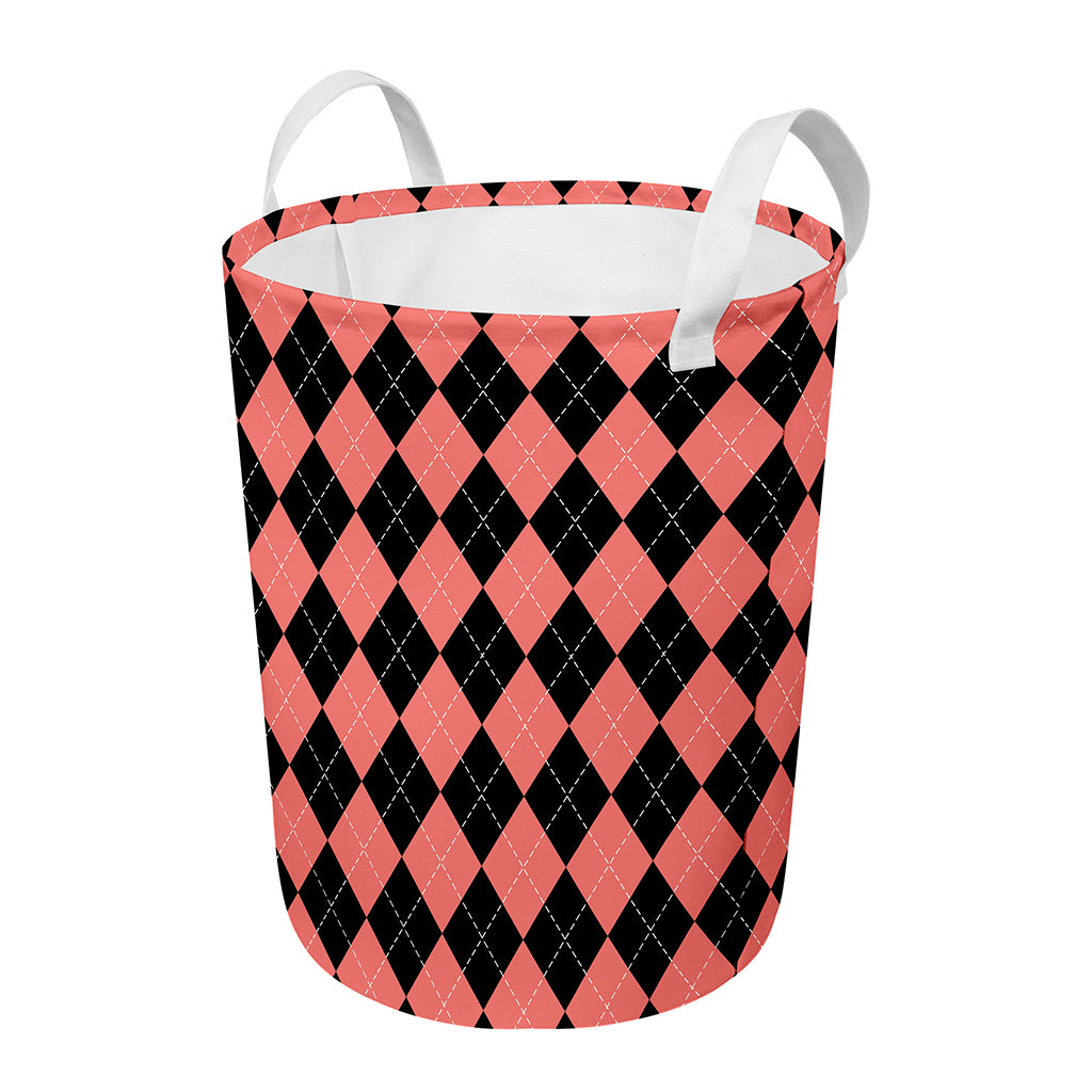 Black And Coral Argyle Pattern Print Round Laundry Basket