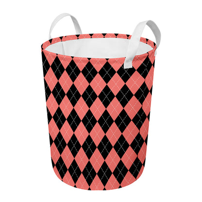 Black And Coral Argyle Pattern Print Round Laundry Basket