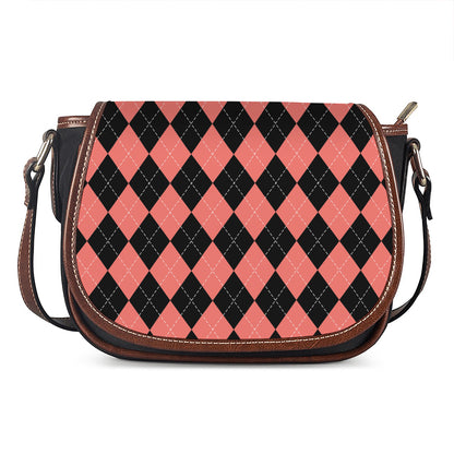 Black And Coral Argyle Pattern Print Saddle Bag