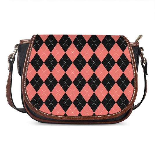 Black And Coral Argyle Pattern Print Saddle Bag