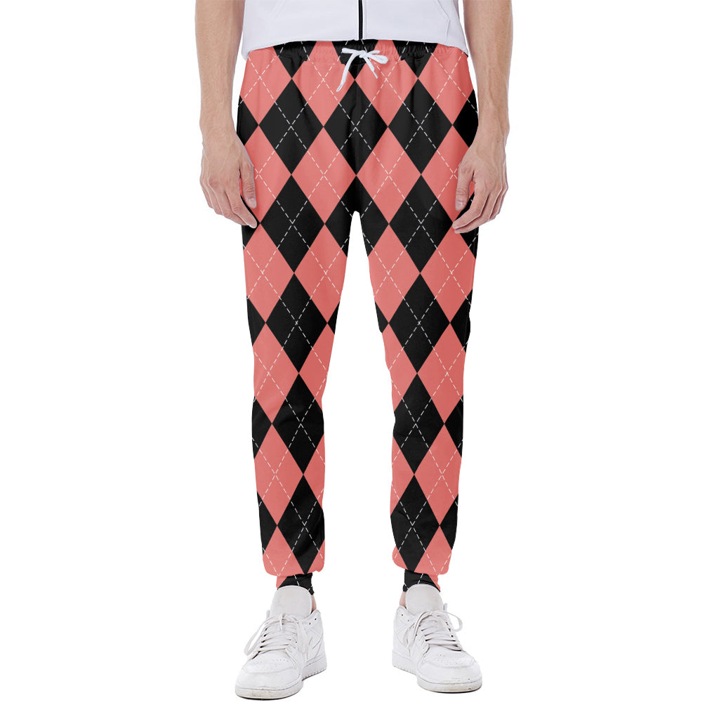 Black And Coral Argyle Pattern Print Scuba Joggers