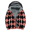Black And Coral Argyle Pattern Print Sherpa Lined Zip Up Hoodie