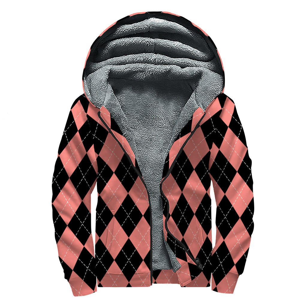 Black And Coral Argyle Pattern Print Sherpa Lined Zip Up Hoodie