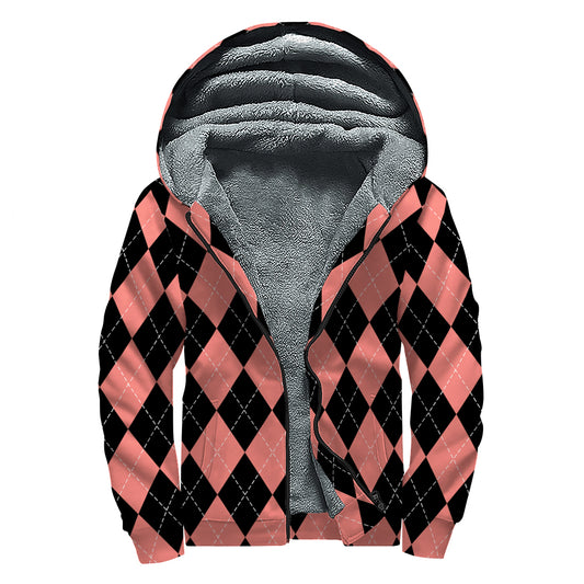 Black And Coral Argyle Pattern Print Sherpa Lined Zip Up Hoodie