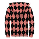 Black And Coral Argyle Pattern Print Sherpa Lined Zip Up Hoodie