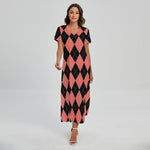 Black And Coral Argyle Pattern Print Short Sleeve Maxi Dress
