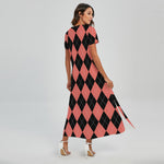 Black And Coral Argyle Pattern Print Short Sleeve Maxi Dress