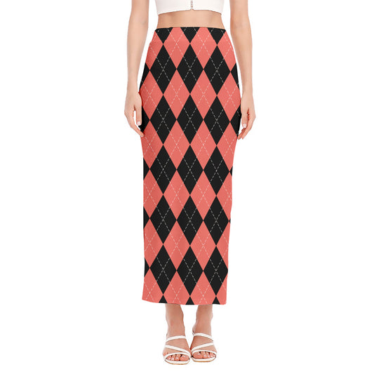 Black And Coral Argyle Pattern Print Side Slit Maxi Skirt