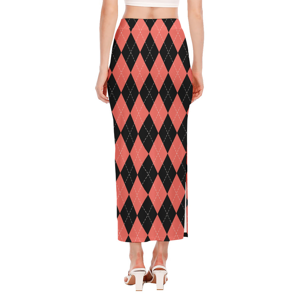 Black And Coral Argyle Pattern Print Side Slit Maxi Skirt