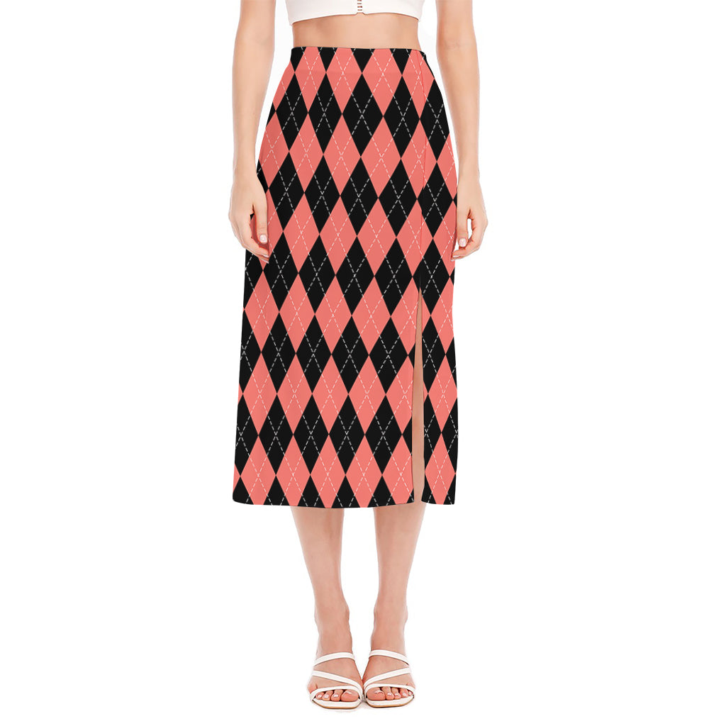 Black And Coral Argyle Pattern Print Side Slit Midi Skirt