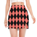 Black And Coral Argyle Pattern Print Side Slit Mini Skirt