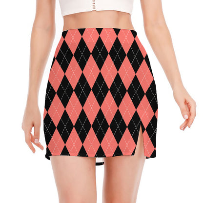 Black And Coral Argyle Pattern Print Side Slit Mini Skirt