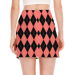 Black And Coral Argyle Pattern Print Side Slit Mini Skirt