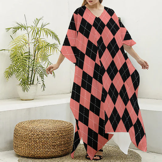 Black And Coral Argyle Pattern Print Silk V-Neck Kaftan Dress