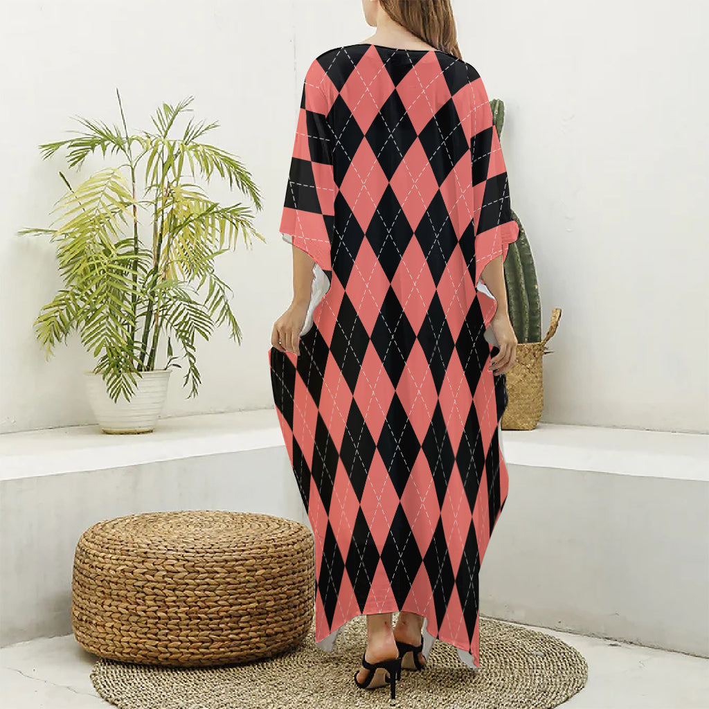 Black And Coral Argyle Pattern Print Silk V-Neck Kaftan Dress