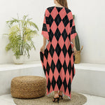 Black And Coral Argyle Pattern Print Silk V-Neck Kaftan Dress