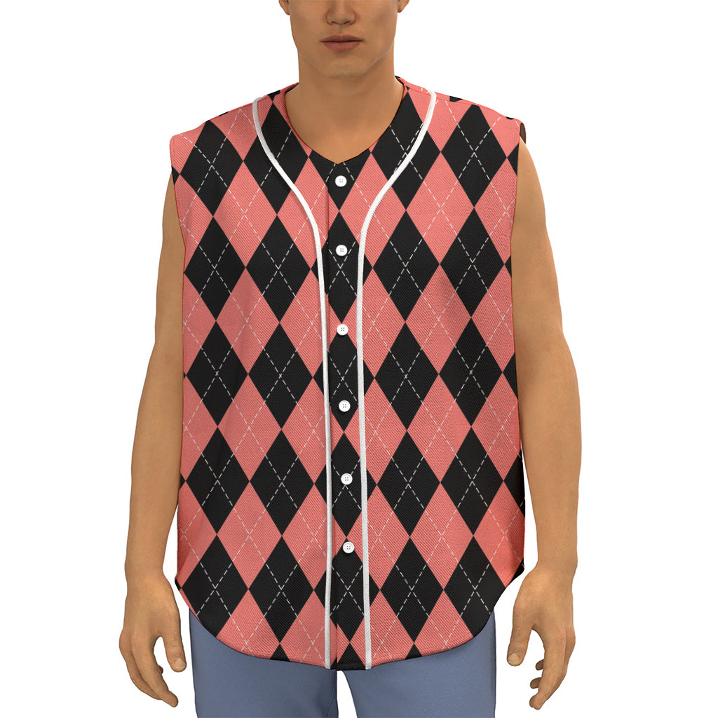 Black And Coral Argyle Pattern Print Sleeveless Baseball Jersey