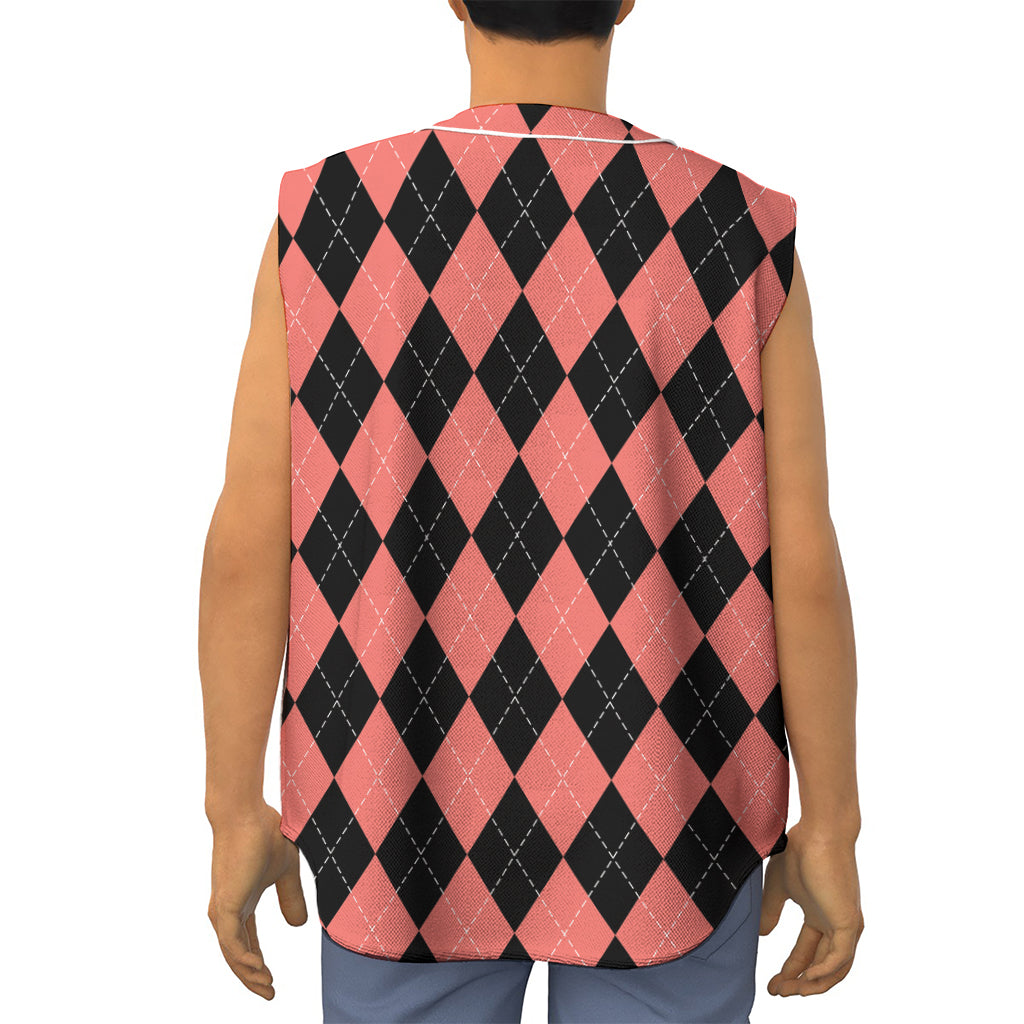 Black And Coral Argyle Pattern Print Sleeveless Baseball Jersey