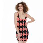 Black And Coral Argyle Pattern Print Sleeveless Bodycon Dress