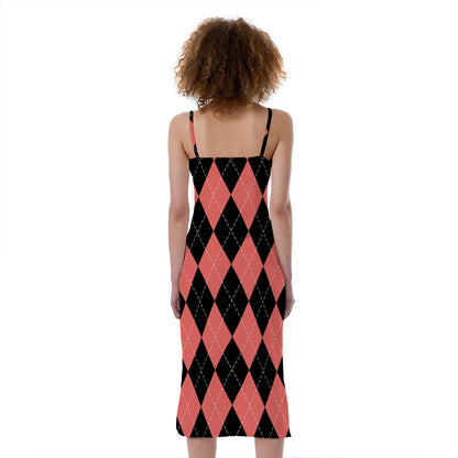 Black And Coral Argyle Pattern Print Slim Fit Midi Cami Dress