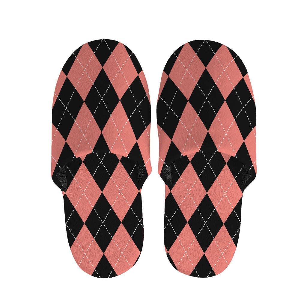 Black And Coral Argyle Pattern Print Slippers