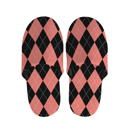 Black And Coral Argyle Pattern Print Slippers