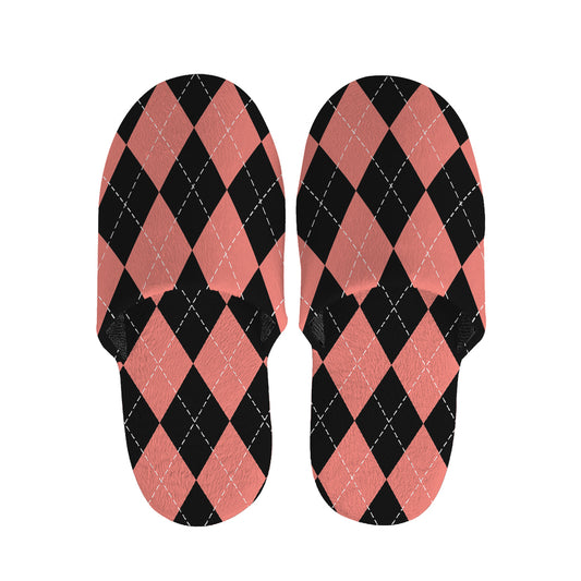 Black And Coral Argyle Pattern Print Slippers
