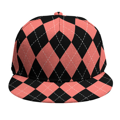 Black And Coral Argyle Pattern Print Snapback Cap