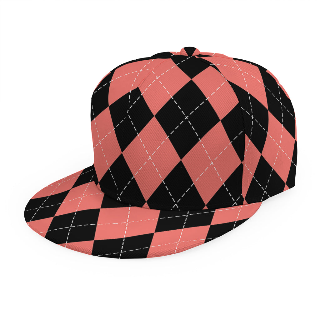 Black And Coral Argyle Pattern Print Snapback Cap