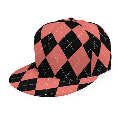 Black And Coral Argyle Pattern Print Snapback Cap
