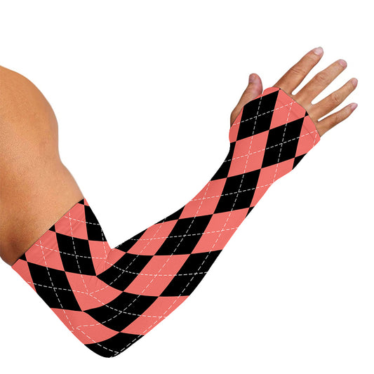 Black And Coral Argyle Pattern Print Sun Protection Arm Sleeves