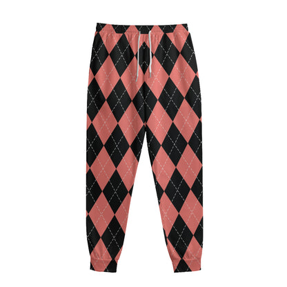 Black And Coral Argyle Pattern Print Sweatpants