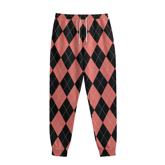 Black And Coral Argyle Pattern Print Sweatpants