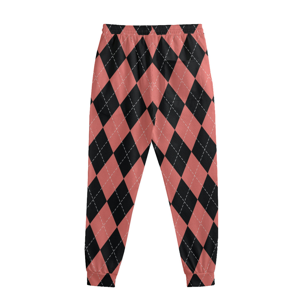 Black And Coral Argyle Pattern Print Sweatpants