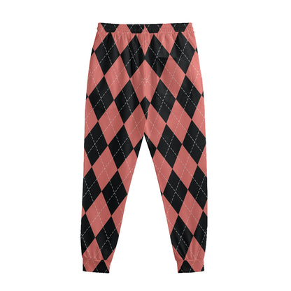 Black And Coral Argyle Pattern Print Sweatpants