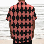 Black And Coral Argyle Pattern Print Textured Short Sleeve Shirt