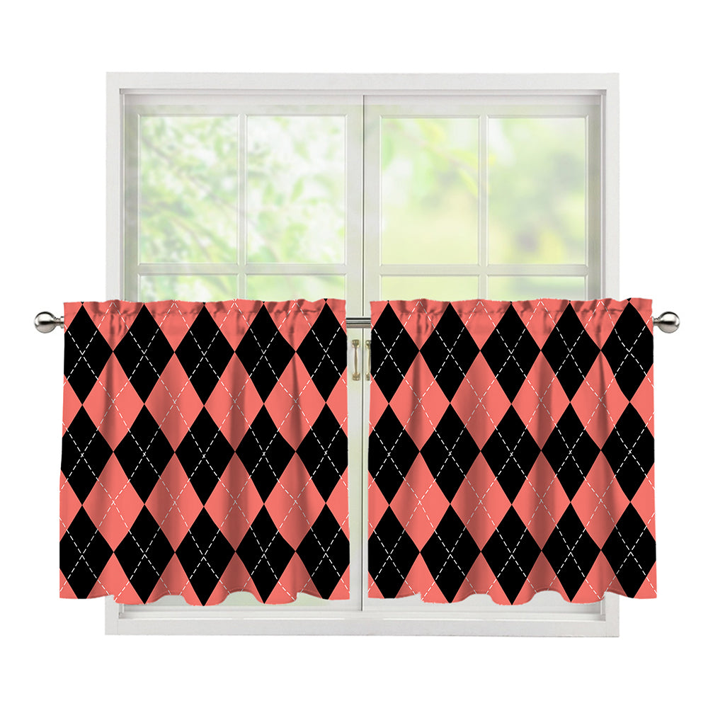 Black And Coral Argyle Pattern Print Tier Curtains