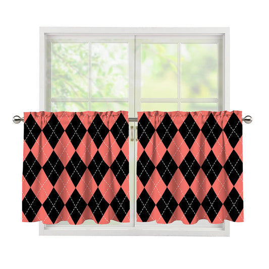 Black And Coral Argyle Pattern Print Tier Curtains